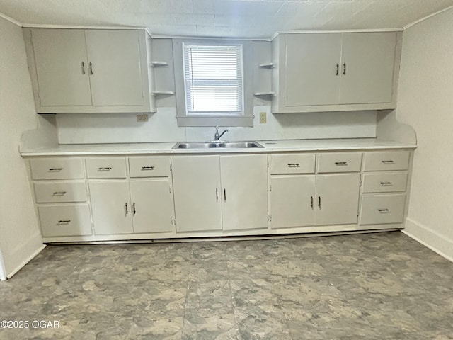 421 N Webb St, Webb City, MO 64870 - kitchen with a sink, open shelves, light countertops, and baseboards