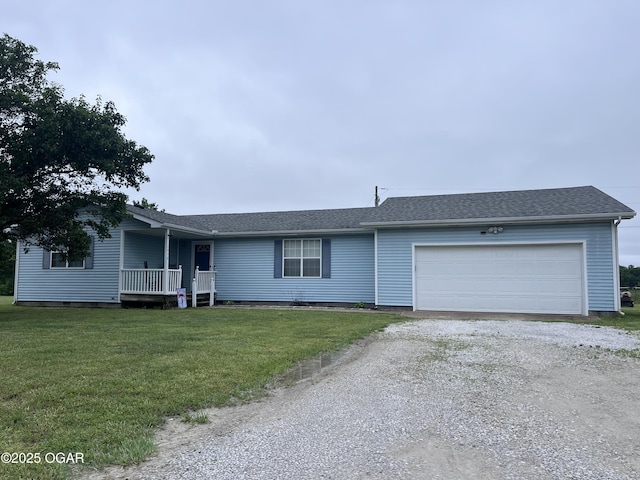 2038 W Trolley Car Ln, Carthage, MO 64836 - ranch-style home with driveway, an attached garage, a front lawn, and a shingled roof