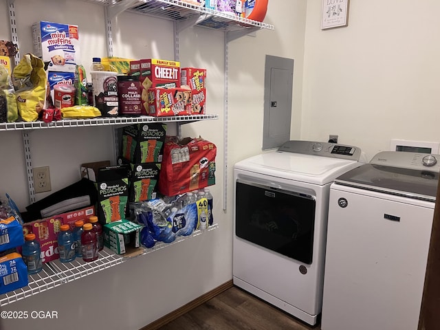 2038 W Trolley Car Ln, Carthage, MO 64836 - laundry room with electric panel, dark wood-style floors, and washing machine and dryer