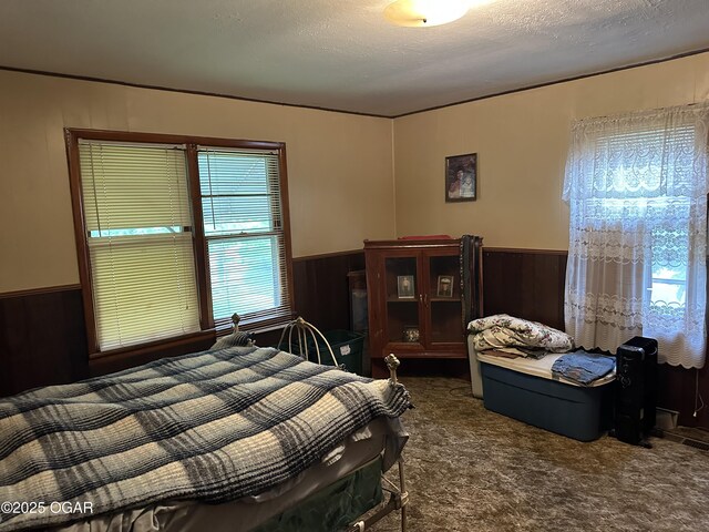 1003 Adams Ave, Seneca, MO 64865 - bedroom with multiple windows, wainscoting, carpet flooring, and wooden walls