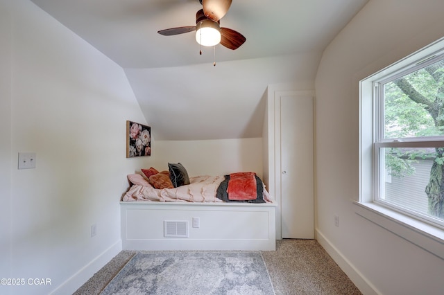207 S Hall St, Webb City, MO 64870 - bedroom with baseboards, lofted ceiling, a ceiling fan, and carpet flooring