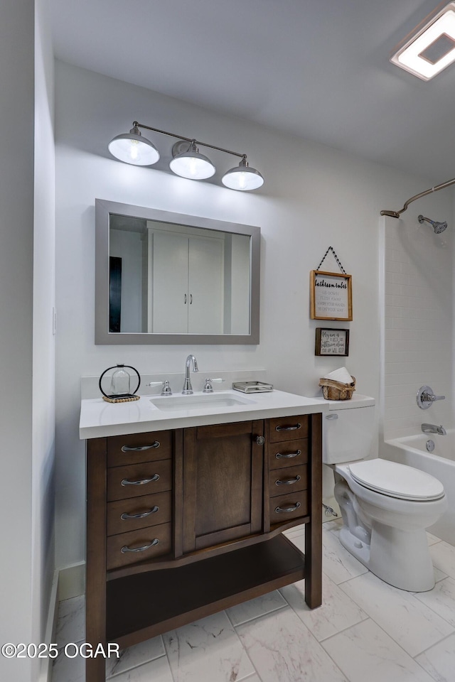 207 S Hall St, Webb City, MO 64870 - full bath featuring vanity, toilet, marble finish flooring, and shower / tub combination