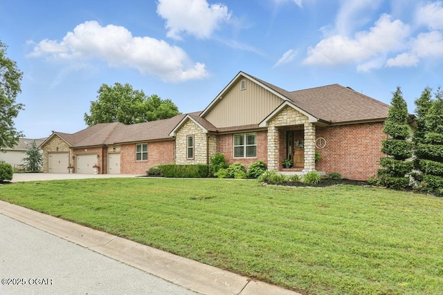 7870 County Lane 287, Carl Junction, MO 64834 - view of front of home with board and batten siding, an attached garage, a front lawn, and stone siding