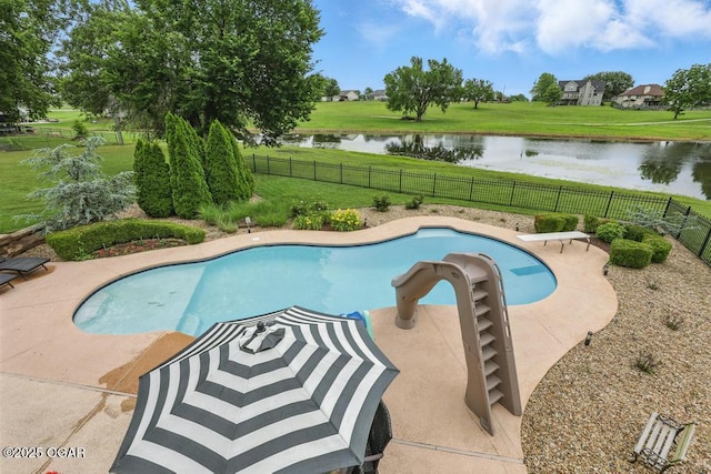 7870 County Lane 287, Carl Junction, MO 64834 - view of swimming pool with a water slide, a water view, and a patio