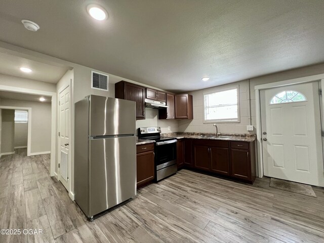 204 Webb St, Duenweg, MO 64841 - kitchen with stainless steel appliances, a sink, under cabinet range hood, light wood-style flooring, and dark brown cabinets