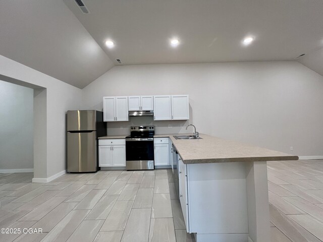 204 Webb St, Duenweg, MO 64841 - kitchen with appliances with stainless steel finishes, lofted ceiling, under cabinet range hood, a sink, and a peninsula