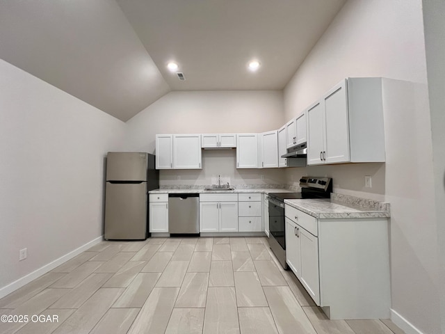 204 Webb St, Duenweg, MO 64841 - kitchen featuring stainless steel appliances, a sink, light countertops, baseboards, and white cabinetry