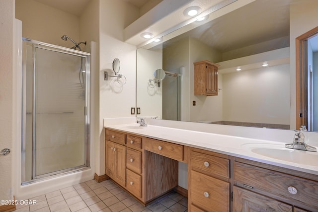 4320 Wisteria Way, Joplin, MO 64801 - full bathroom featuring a stall shower, tile patterned flooring, and double vanity