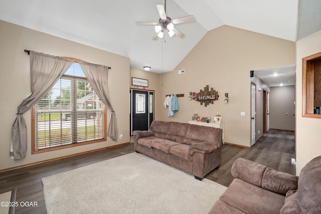 330 Sadie Ln, Webb City, MO 64870 - living area featuring wood finished floors, a ceiling fan, high vaulted ceiling, and baseboards