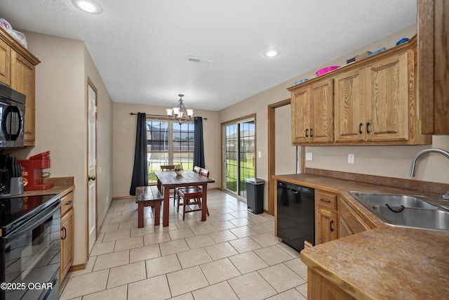 330 Sadie Ln, Webb City, MO 64870 - kitchen featuring black appliances, a sink, a chandelier, light tile patterned floors, and recessed lighting
