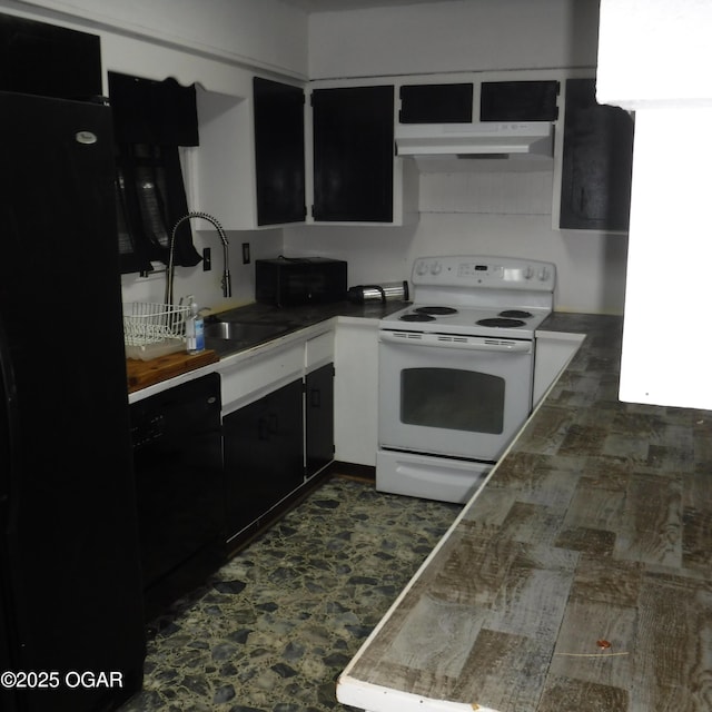 105 N Pearl Ave, Joplin, MO 64801 - kitchen with black appliances, under cabinet range hood, dark cabinets, and a sink