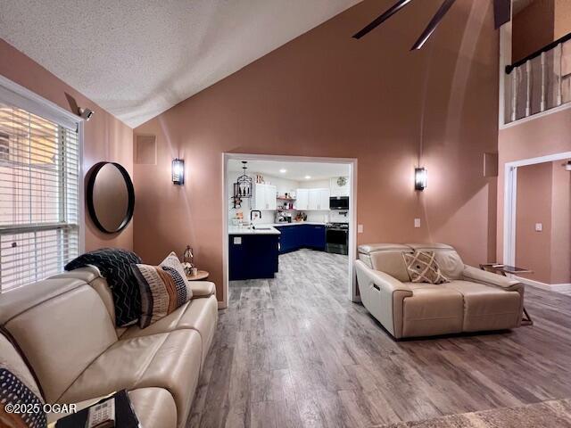 3331 Willow Ln, Joplin, MO 64801 - living room featuring wood finished floors, high vaulted ceiling, a textured ceiling, and baseboards
