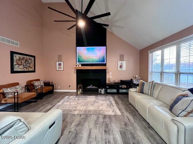 3331 Willow Ln, Joplin, MO 64801 - living area featuring wood finished floors, high vaulted ceiling, a fireplace, and baseboards