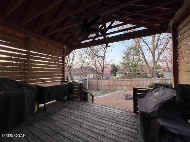 3331 Willow Ln, Joplin, MO 64801 - wooden deck featuring ceiling fan, a fenced backyard, and grilling area