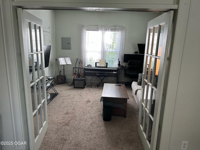 507 W Hill St, Neosho, MO 64850 - living room with carpet floors, an office area, french doors, and electric panel