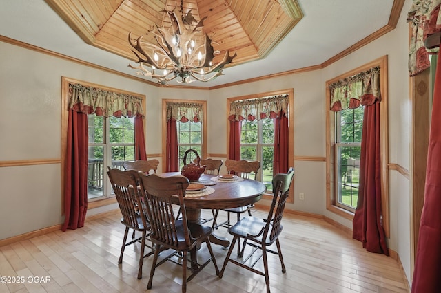 9404 County Lane 121, Carthage, MO 64836 - dining area with a chandelier, a raised ceiling, healthy amount of natural light, crown molding, and wooden ceiling