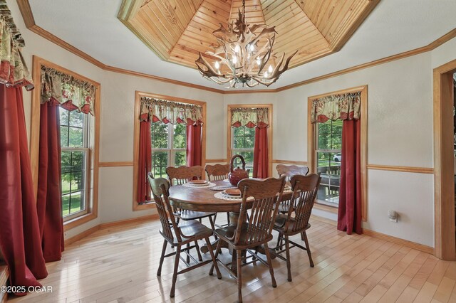 9404 County Lane 121, Carthage, MO 64836 - dining space featuring a chandelier, plenty of natural light, a tray ceiling, light wood-type flooring, and ornamental molding