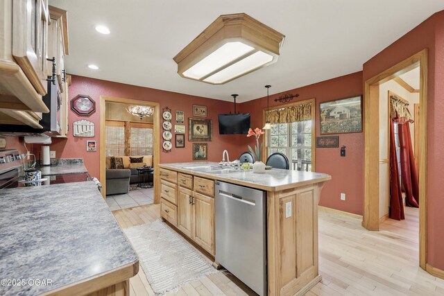 9404 County Lane 121, Carthage, MO 64836 - kitchen featuring stainless steel dishwasher, light wood-type flooring, a center island with sink, pendant lighting, and recessed lighting