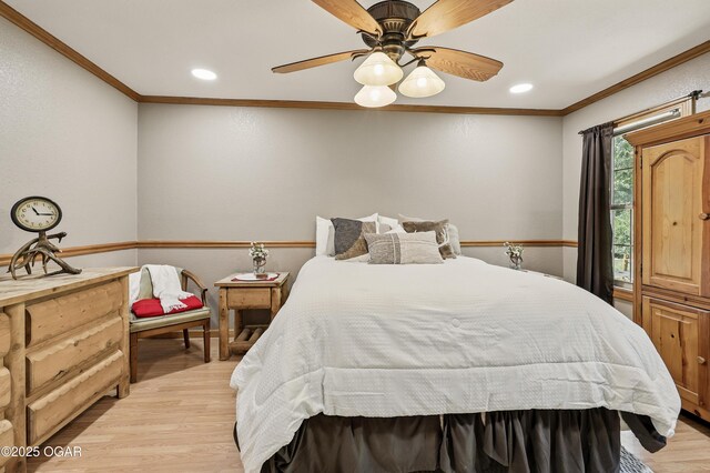 9404 County Lane 121, Carthage, MO 64836 - bedroom with ornamental molding, light wood finished floors, recessed lighting, and ceiling fan