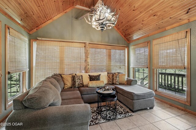 9404 County Lane 121, Carthage, MO 64836 - tiled living room featuring lofted ceiling, wood ceiling, and a chandelier