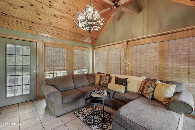 9404 County Lane 121, Carthage, MO 64836 - tiled living room with a wooden ceiling with exposed beams, a chandelier, and high vaulted ceiling