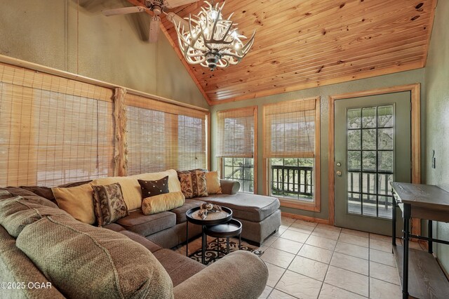9404 County Lane 121, Carthage, MO 64836 - living area featuring a chandelier, tile patterned flooring, wood ceiling, a textured wall, and a ceiling fan