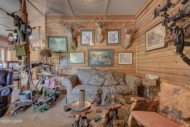 9404 County Lane 121, Carthage, MO 64836 - living room featuring wooden walls and carpet floors