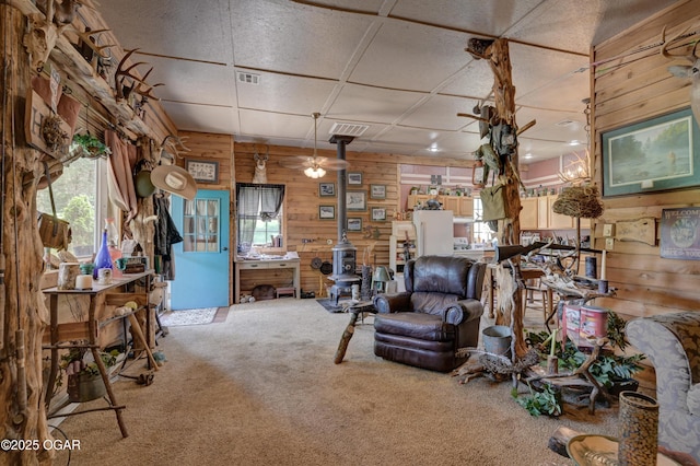 9404 County Lane 121, Carthage, MO 64836 - carpeted living room featuring wooden walls, plenty of natural light, and a wood stove