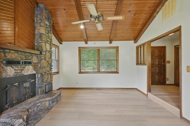 5694 Spurgeon Rd, Joplin, MO 64804 - unfurnished living room featuring wooden ceiling, wood finished floors, healthy amount of natural light, and a ceiling fan