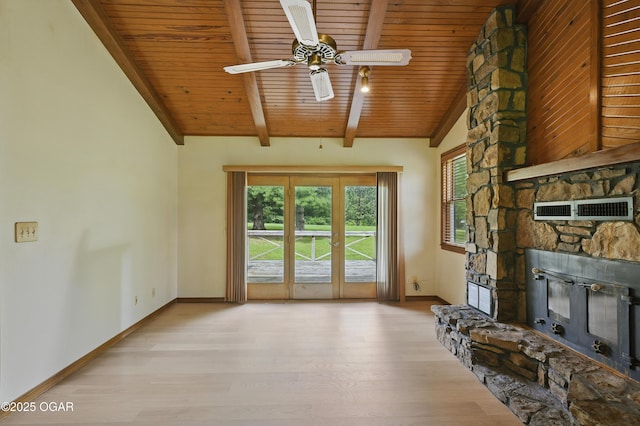 5694 Spurgeon Rd, Joplin, MO 64804 - living area with wood ceiling, a fireplace, wood finished floors, and a ceiling fan