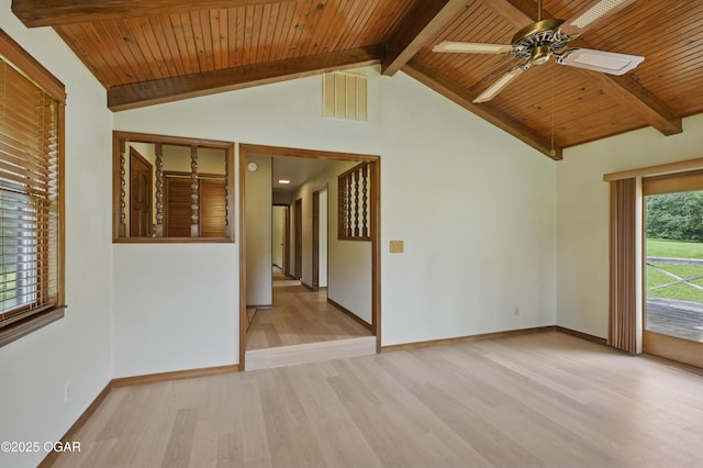5694 Spurgeon Rd, Joplin, MO 64804 - empty room with a wooden ceiling with exposed beams, light wood-type flooring, a ceiling fan, and high vaulted ceiling