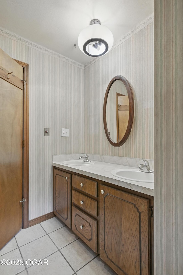 5694 Spurgeon Rd, Joplin, MO 64804 - full bathroom featuring wallpapered walls, double vanity, and tile patterned floors