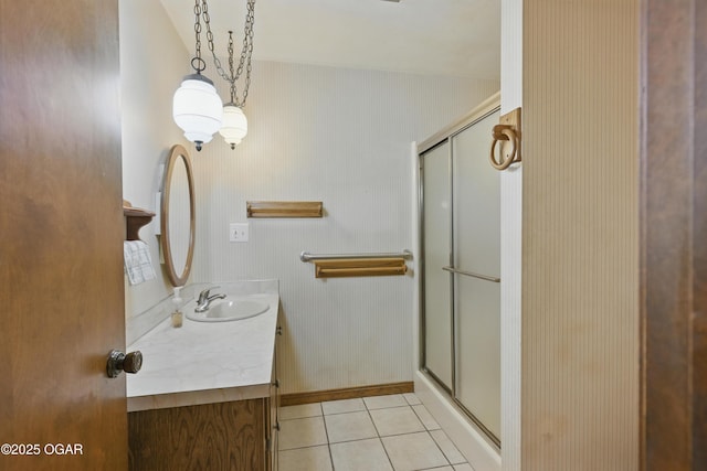 5694 Spurgeon Rd, Joplin, MO 64804 - bathroom featuring vanity, a stall shower, and tile patterned floors