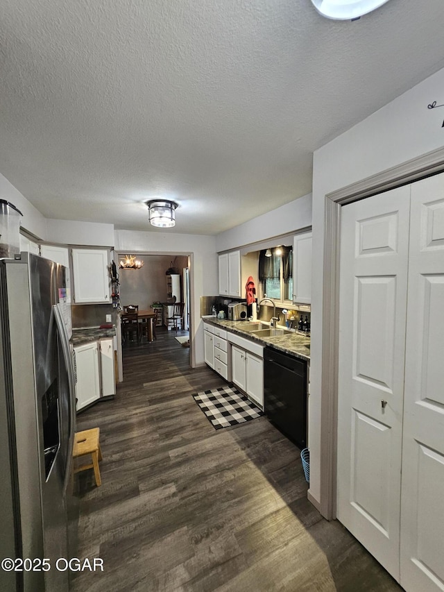 5358 Lawrence Unit 2220, Pierce City, MO 65723 - kitchen featuring stainless steel refrigerator with ice dispenser, dishwasher, white cabinetry, dark wood-style floors, and a textured ceiling