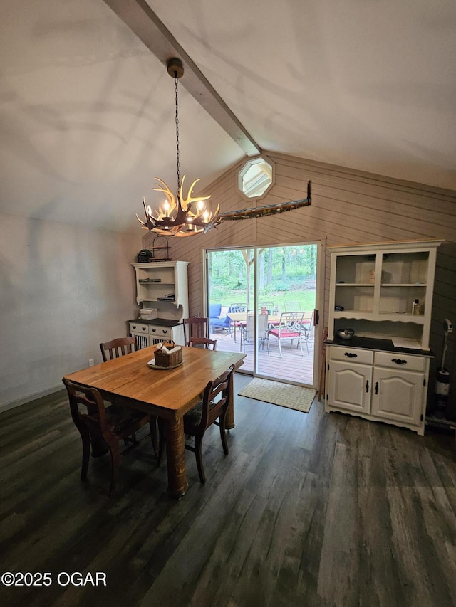5358 Lawrence Unit 2220, Pierce City, MO 65723 - dining area featuring a chandelier, dark wood-style floors, and wooden walls
