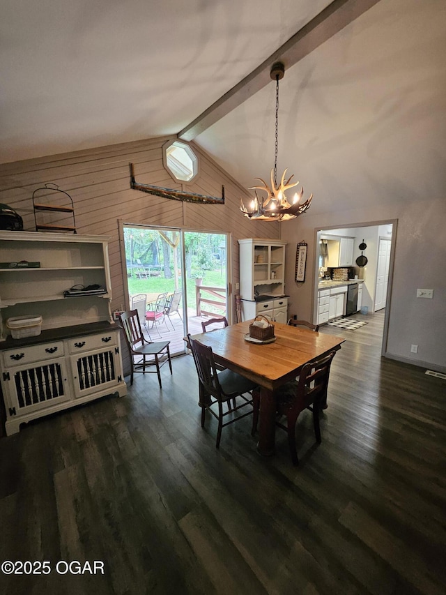 5358 Lawrence Unit 2220, Pierce City, MO 65723 - dining room with a chandelier, dark wood-style flooring, and wooden walls