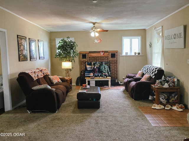 524 W 2nd St, Webb City, MO 64870 - carpeted living area with a ceiling fan, crown molding, and a fireplace