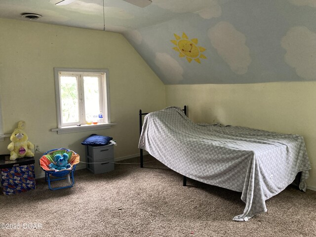 524 W 2nd St, Webb City, MO 64870 - bedroom featuring carpet floors, lofted ceiling, and ceiling fan
