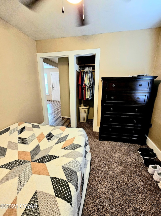 1109 Lincoln Ave, Baxter Springs, KS 66713 - bedroom featuring a closet, a ceiling fan, and dark carpet