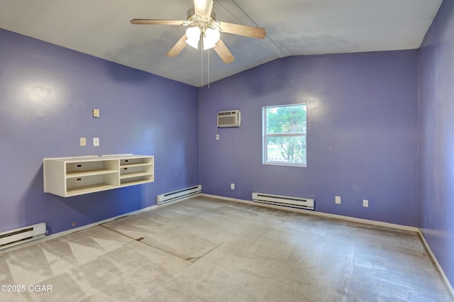 117 S 11th St, Sarcoxie, MO 64862 - carpeted empty room with a baseboard radiator, a ceiling fan, vaulted ceiling, and a wall mounted air conditioner