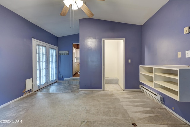 117 S 11th St, Sarcoxie, MO 64862 - carpeted spare room featuring vaulted ceiling, a ceiling fan, and a baseboard heating unit