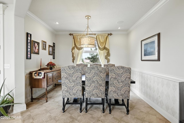 1641 Alexandra Dr, Carthage, MO 64836 - dining area with a wainscoted wall, ornamental molding, light colored carpet, and recessed lighting