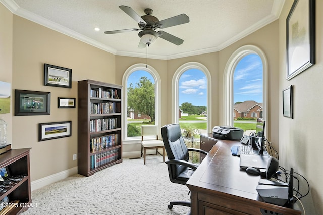 1641 Alexandra Dr, Carthage, MO 64836 - office featuring ceiling fan, carpet flooring, and crown molding