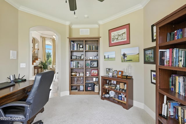 1641 Alexandra Dr, Carthage, MO 64836 - office space featuring ceiling fan, crown molding, carpet flooring, and arched walkways