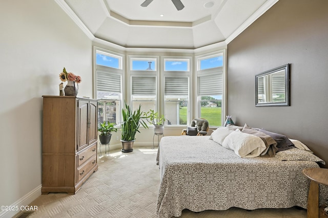 1641 Alexandra Dr, Carthage, MO 64836 - bedroom featuring a ceiling fan, a high ceiling, light colored carpet, and ornamental molding