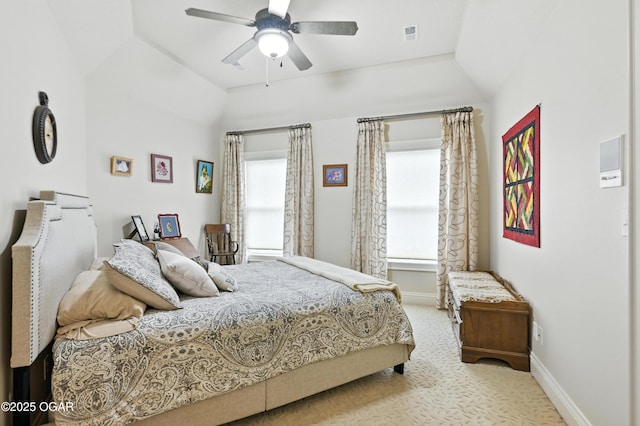 1641 Alexandra Dr, Carthage, MO 64836 - carpeted bedroom featuring multiple windows, lofted ceiling, and a ceiling fan