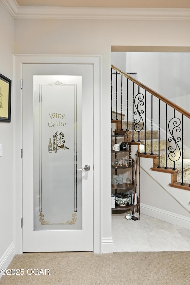 1641 Alexandra Dr, Carthage, MO 64836 - stairs with carpet floors and ornamental molding