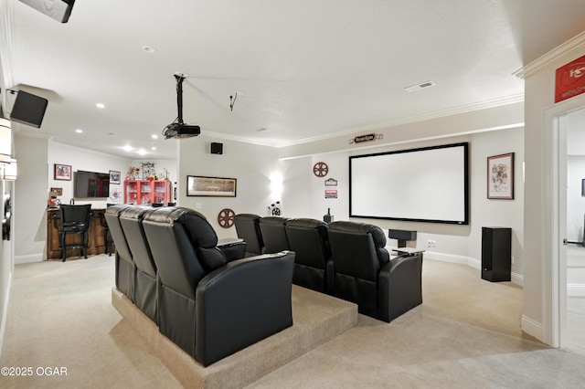 1641 Alexandra Dr, Carthage, MO 64836 - home theater room featuring light carpet, crown molding, and recessed lighting