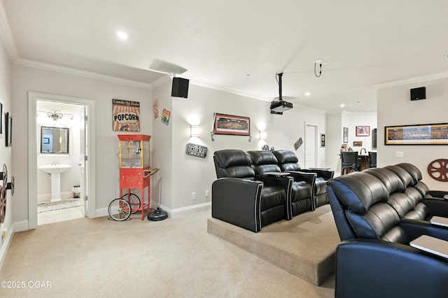 1641 Alexandra Dr, Carthage, MO 64836 - home theater room with light carpet, ornamental molding, and recessed lighting