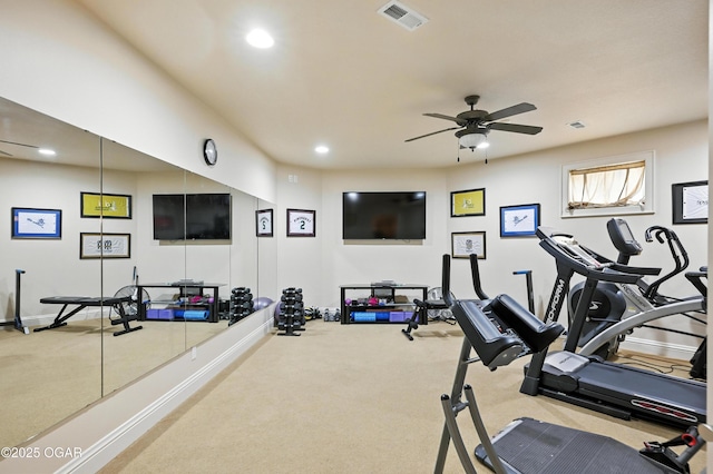 1641 Alexandra Dr, Carthage, MO 64836 - exercise room featuring a ceiling fan, recessed lighting, and carpet flooring